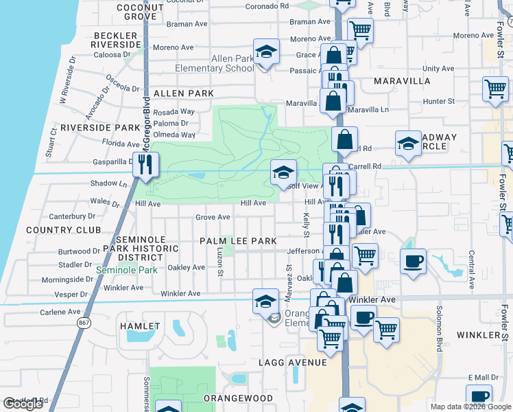 map of restaurants, bars, coffee shops, grocery stores, and more near 1700 Hill Avenue in Fort Myers