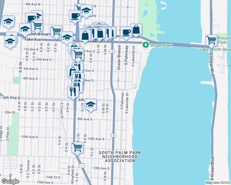 map of restaurants, bars, coffee shops, grocery stores, and more near 421 Ocean Breeze in Lake Worth