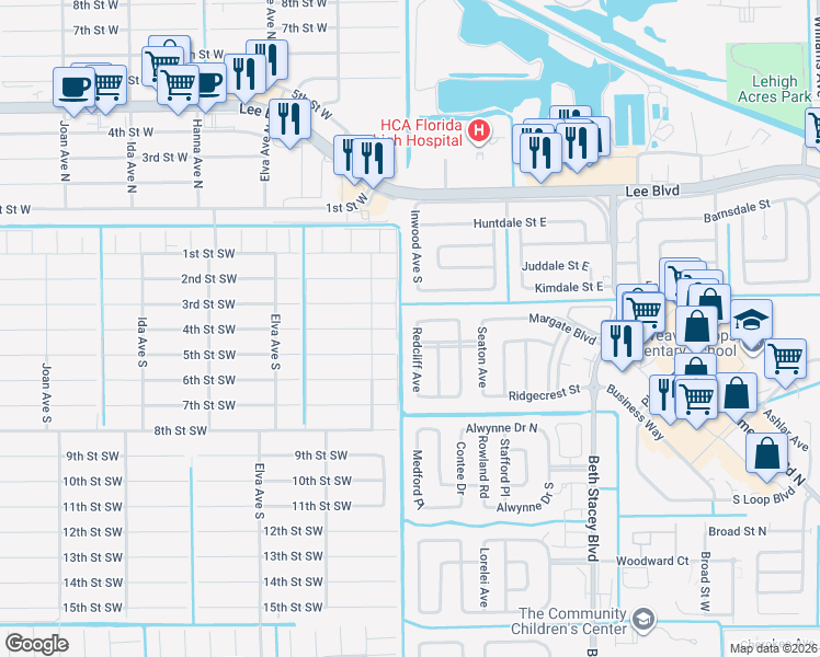 map of restaurants, bars, coffee shops, grocery stores, and more near 1823 Reid Street in Lehigh Acres