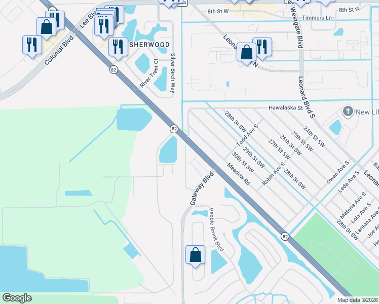 map of restaurants, bars, coffee shops, grocery stores, and more near 122 Meadow Road in Lehigh Acres