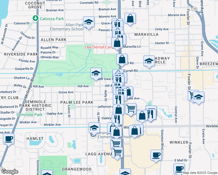 map of restaurants, bars, coffee shops, grocery stores, and more near 1941 Hill Avenue in Fort Myers