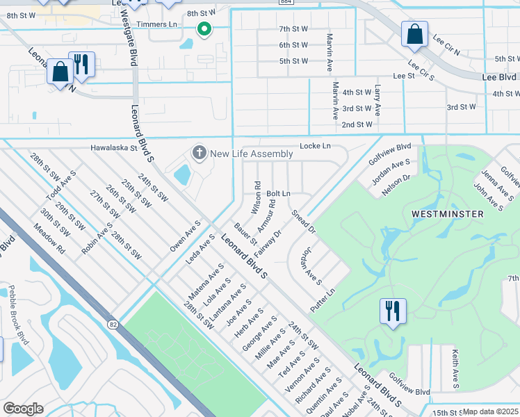 map of restaurants, bars, coffee shops, grocery stores, and more near 2201 Wilson Road in Lehigh Acres