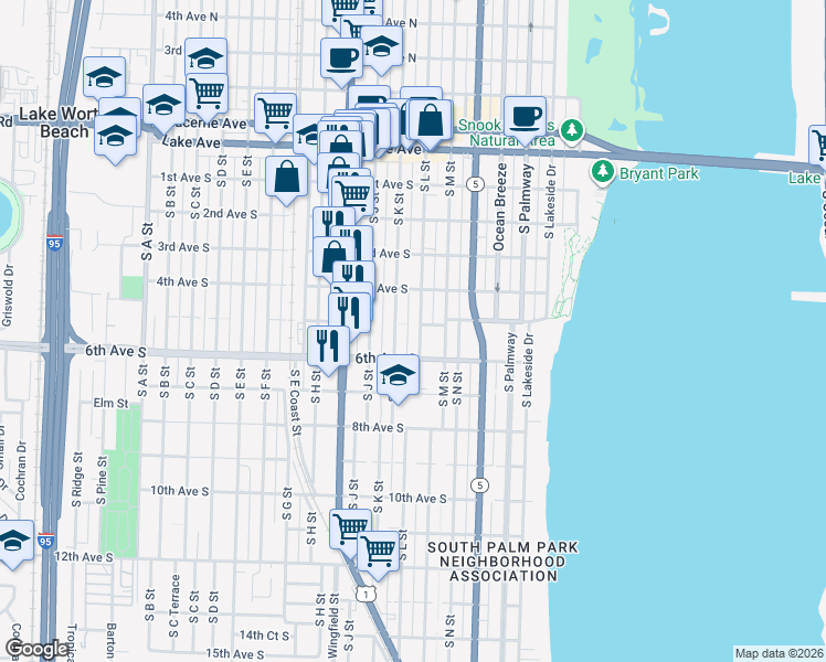 map of restaurants, bars, coffee shops, grocery stores, and more near 425 South L Street in Lake Worth