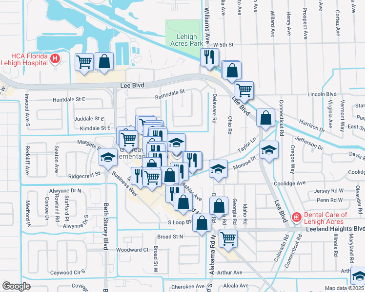 map of restaurants, bars, coffee shops, grocery stores, and more near 1230 Taylor Lane in Lehigh Acres