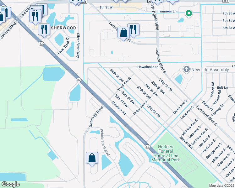 map of restaurants, bars, coffee shops, grocery stores, and more near 5301 29th Street Southwest in Lehigh Acres