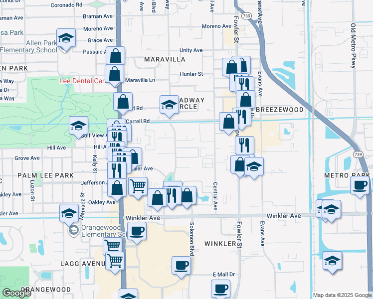 map of restaurants, bars, coffee shops, grocery stores, and more near 3660 Broadway in Fort Myers