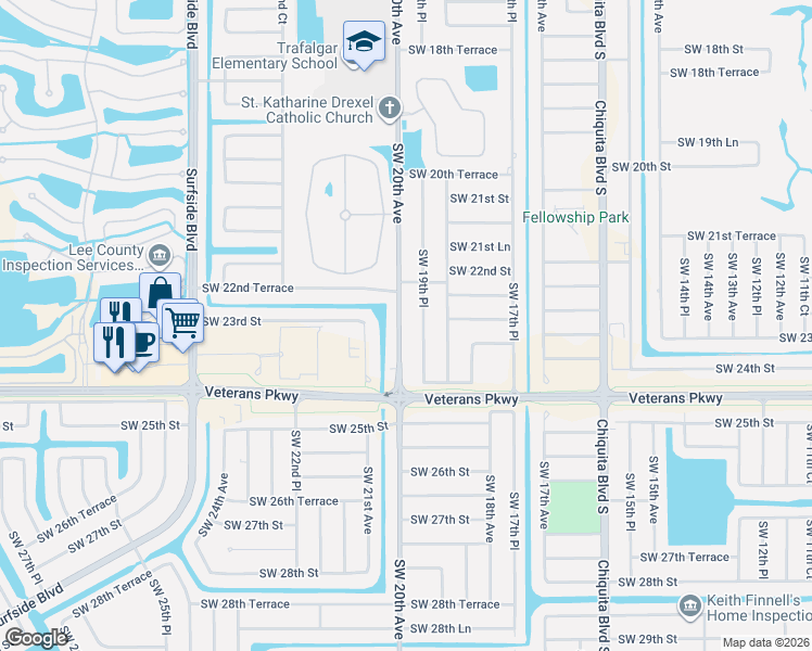 map of restaurants, bars, coffee shops, grocery stores, and more near 2256 Southwest 20th Avenue in Cape Coral