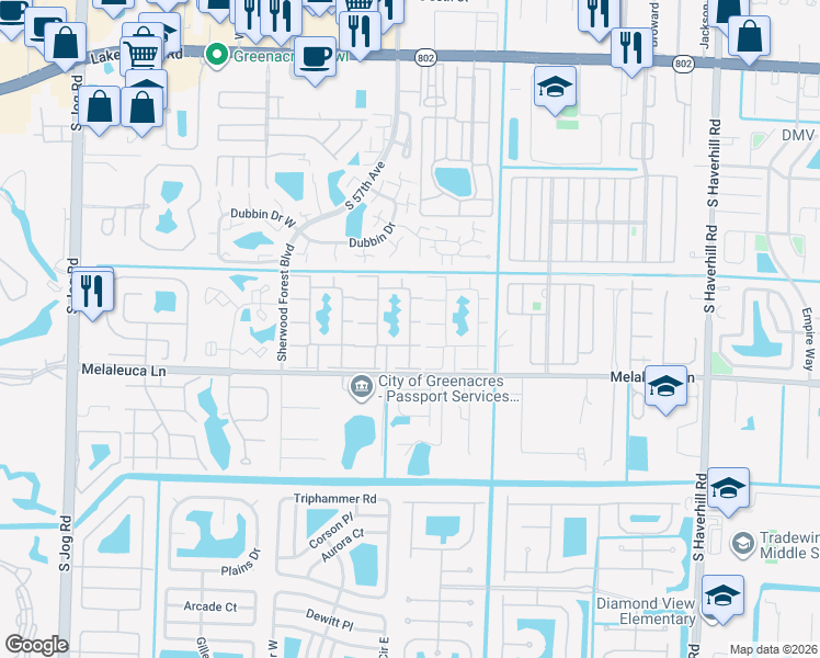 map of restaurants, bars, coffee shops, grocery stores, and more near 172 Pine High Occupancy Vehicle Circle in Greenacres