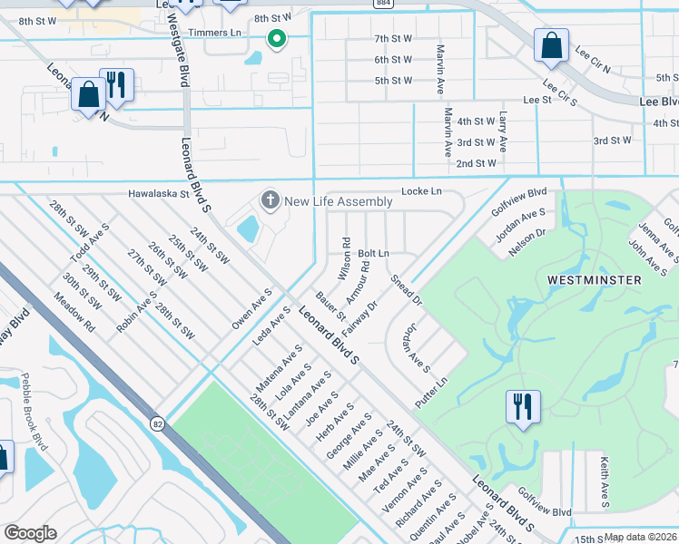 map of restaurants, bars, coffee shops, grocery stores, and more near 2201 Wilson Road in Lehigh Acres