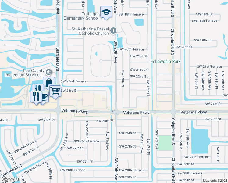 map of restaurants, bars, coffee shops, grocery stores, and more near 2256 Southwest 20th Avenue in Cape Coral