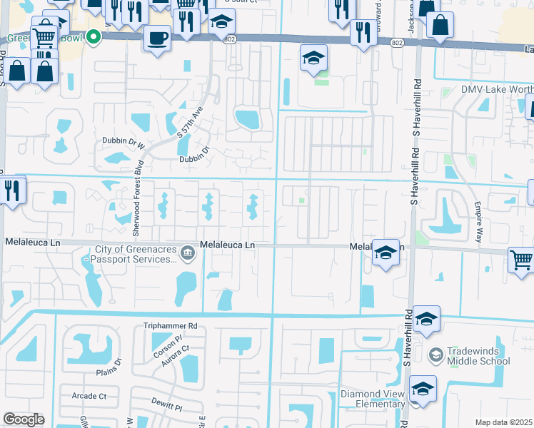 map of restaurants, bars, coffee shops, grocery stores, and more near 313 Knotty Pine Circle in Greenacres