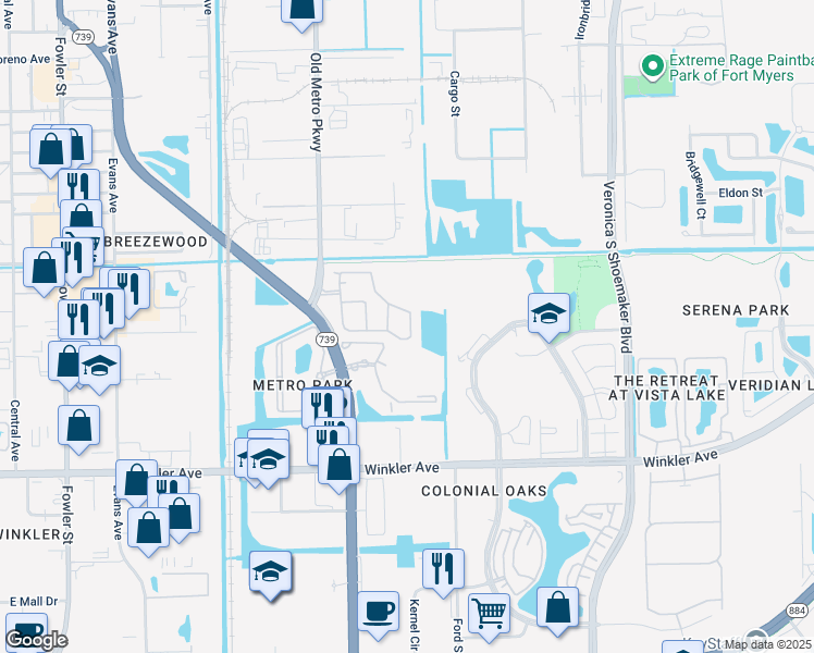 map of restaurants, bars, coffee shops, grocery stores, and more near 3605 Cedar Oak Drive in Fort Myers