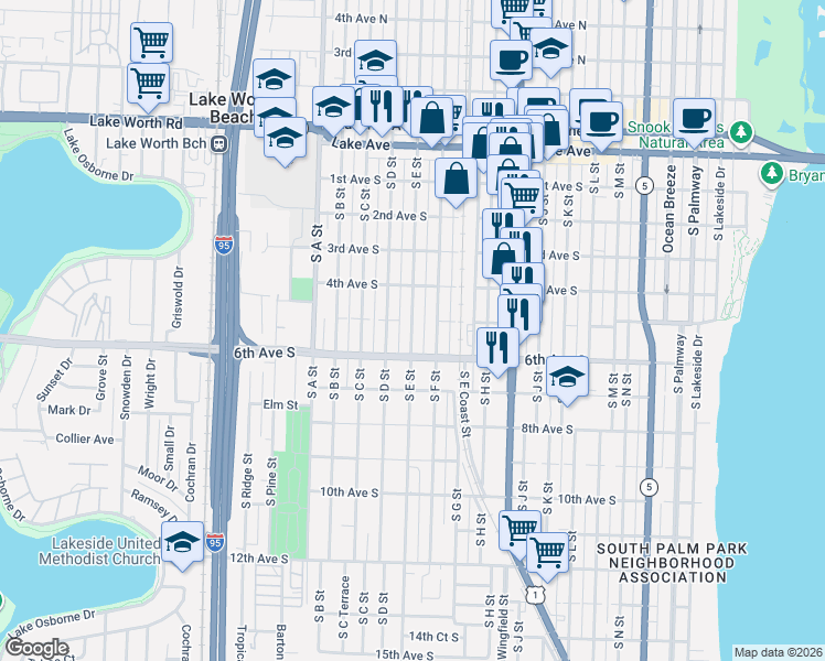 map of restaurants, bars, coffee shops, grocery stores, and more near 429 South F Street in Lake Worth