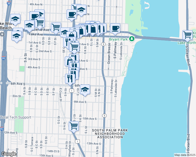 map of restaurants, bars, coffee shops, grocery stores, and more near 426 South M Street in Lake Worth