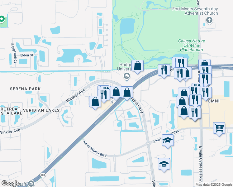 map of restaurants, bars, coffee shops, grocery stores, and more near 4395 Colonial Boulevard in Fort Myers