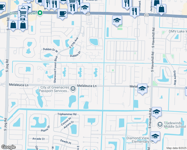 map of restaurants, bars, coffee shops, grocery stores, and more near 313 Knotty Pine Circle in Greenacres