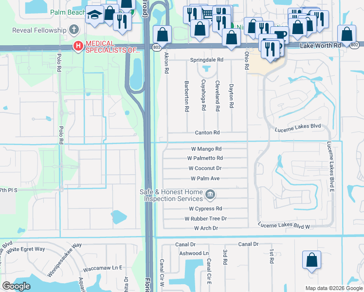 map of restaurants, bars, coffee shops, grocery stores, and more near 103 Canton Road in Lake Worth
