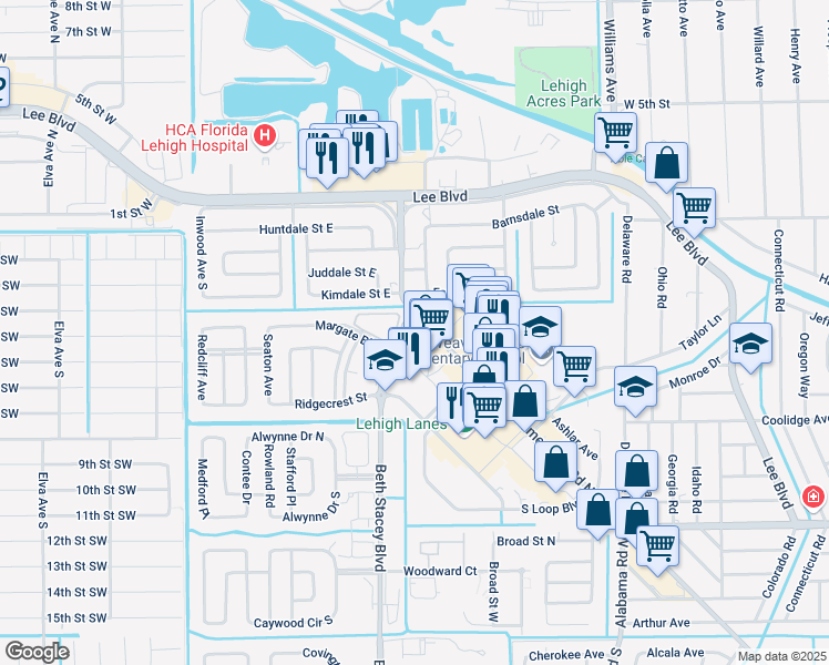 map of restaurants, bars, coffee shops, grocery stores, and more near 1351 Homestead Road North in Lehigh Acres