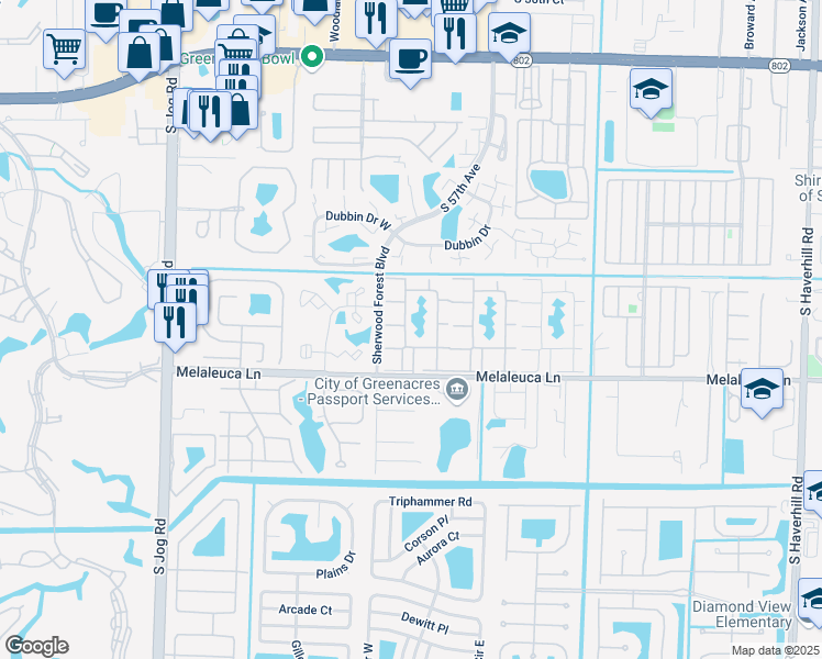 map of restaurants, bars, coffee shops, grocery stores, and more near 116 Lake Pine Circle in Greenacres