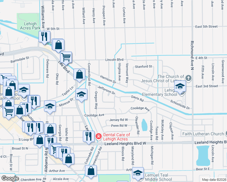 map of restaurants, bars, coffee shops, grocery stores, and more near 505 Jefferson Drive in Lehigh Acres