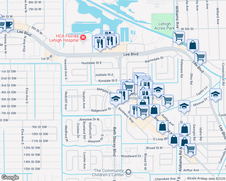 map of restaurants, bars, coffee shops, grocery stores, and more near 10 Parkwood Villas Court in Lehigh Acres