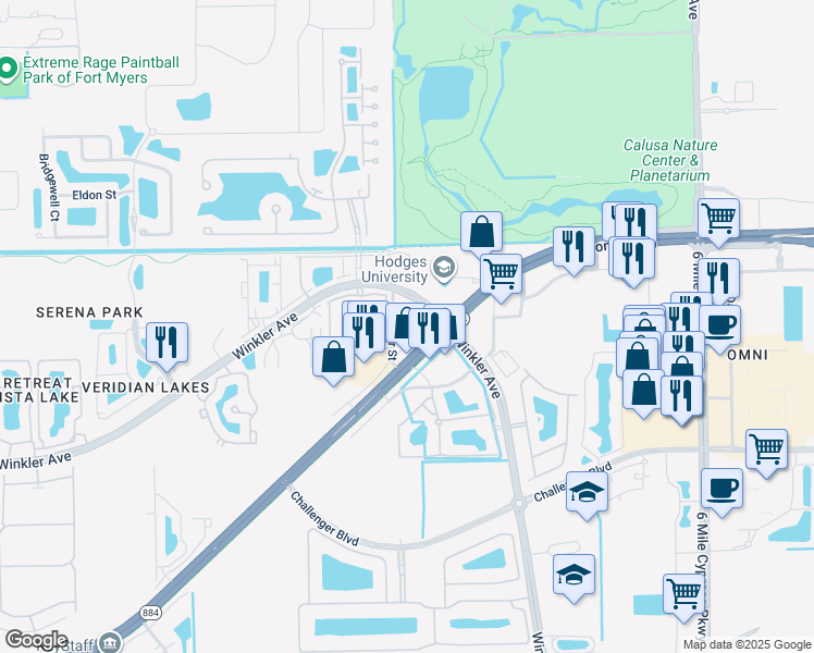 map of restaurants, bars, coffee shops, grocery stores, and more near 4395 Colonial Boulevard in Fort Myers