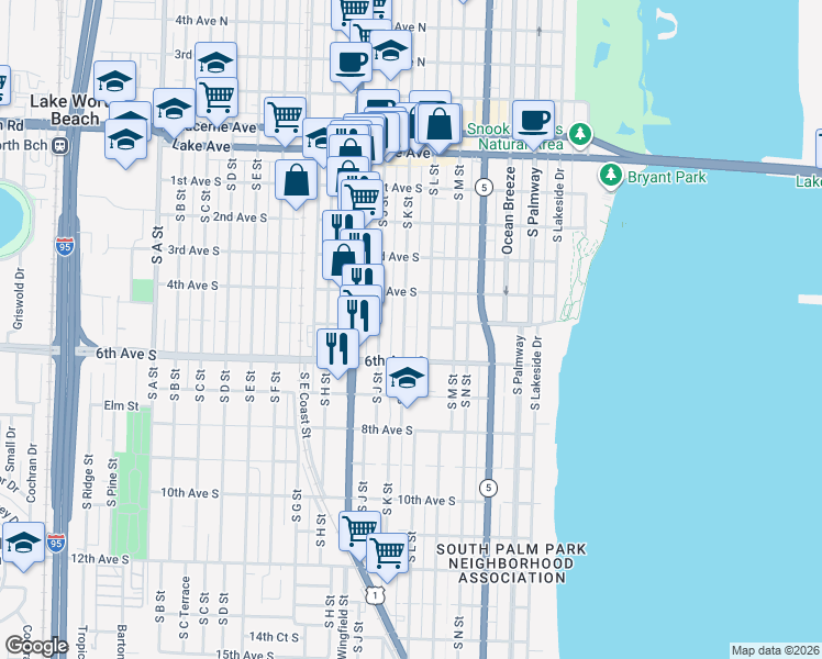 map of restaurants, bars, coffee shops, grocery stores, and more near 502 South K Street in Lake Worth