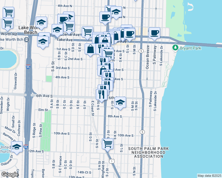 map of restaurants, bars, coffee shops, grocery stores, and more near 427 South J Street in Lake Worth