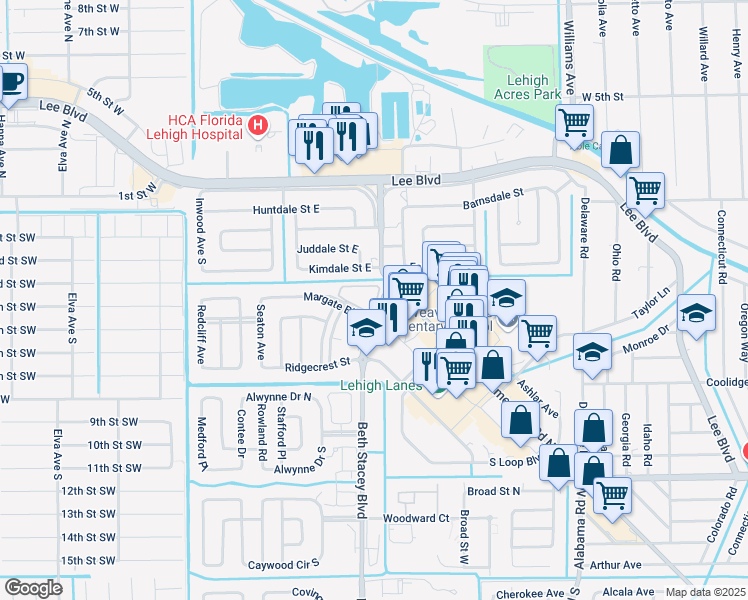 map of restaurants, bars, coffee shops, grocery stores, and more near 1351 Homestead Road North in Lehigh Acres