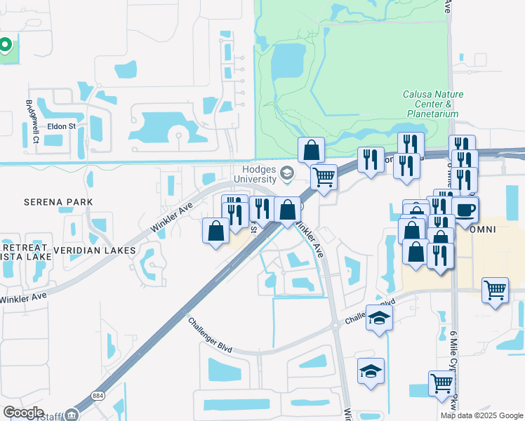 map of restaurants, bars, coffee shops, grocery stores, and more near 4395 Colonial Boulevard in Fort Myers
