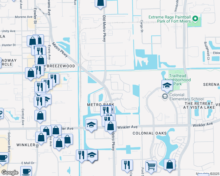 map of restaurants, bars, coffee shops, grocery stores, and more near 3613 Pine Oak Circle in Fort Myers