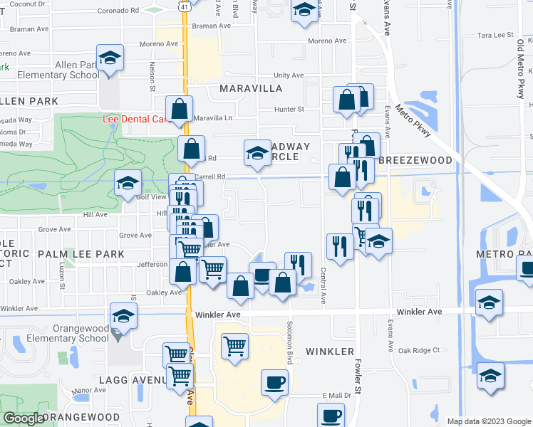 map of restaurants, bars, coffee shops, grocery stores, and more near 3660 Broadway in Fort Myers