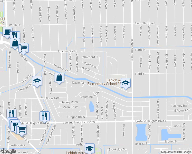 map of restaurants, bars, coffee shops, grocery stores, and more near 129 Stetson Street in Lehigh Acres