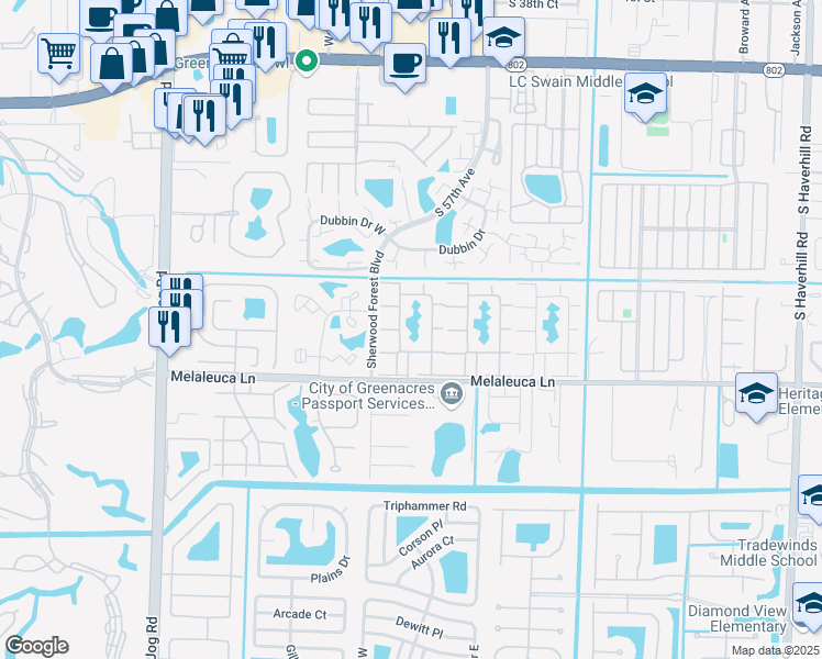 map of restaurants, bars, coffee shops, grocery stores, and more near 116 Lake Pine Circle in Greenacres