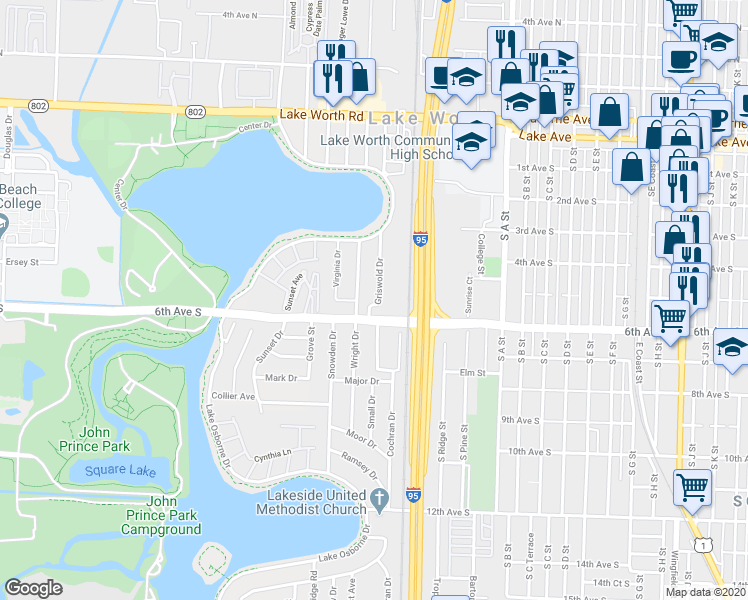 map of restaurants, bars, coffee shops, grocery stores, and more near 533 Griswold Drive in Lake Worth