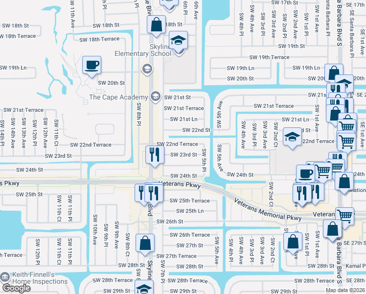 map of restaurants, bars, coffee shops, grocery stores, and more near 623 Southwest 22nd Terrace in Cape Coral
