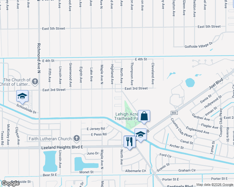 map of restaurants, bars, coffee shops, grocery stores, and more near 221 Highland Avenue in Lehigh Acres