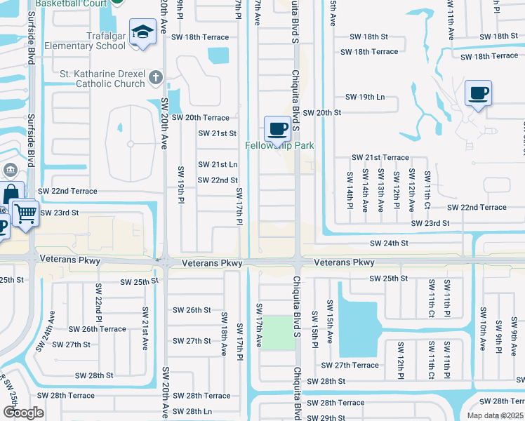 map of restaurants, bars, coffee shops, grocery stores, and more near 1632 Southwest 22nd Lane in Cape Coral