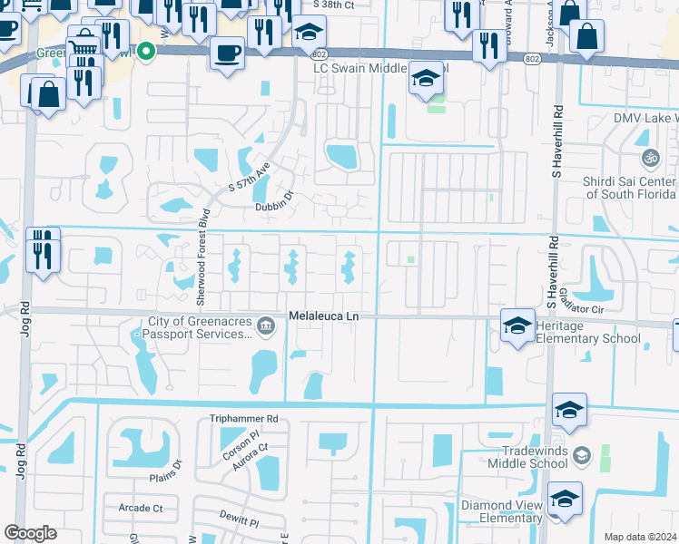 map of restaurants, bars, coffee shops, grocery stores, and more near 313 Knotty Pine Circle in Greenacres