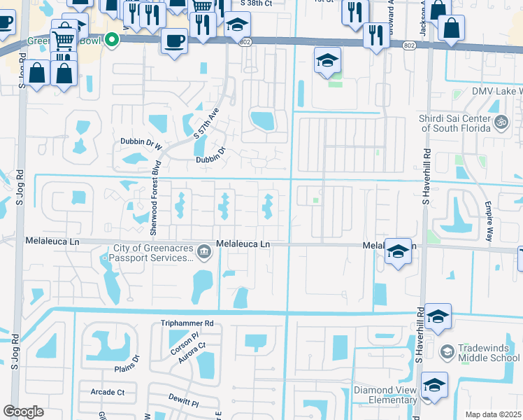 map of restaurants, bars, coffee shops, grocery stores, and more near 313 Knotty Pine Circle in Greenacres