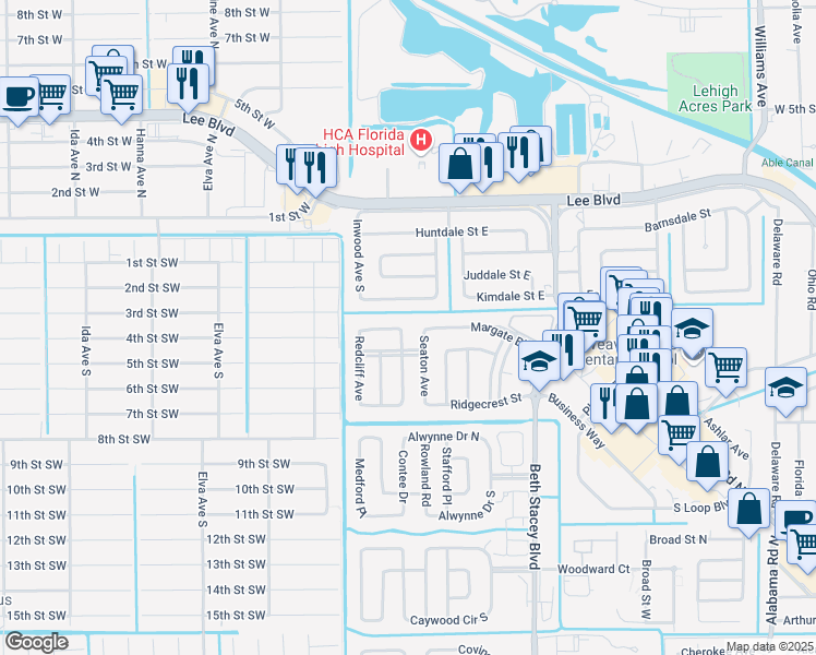map of restaurants, bars, coffee shops, grocery stores, and more near 218 Rockcliff Avenue in Lehigh Acres