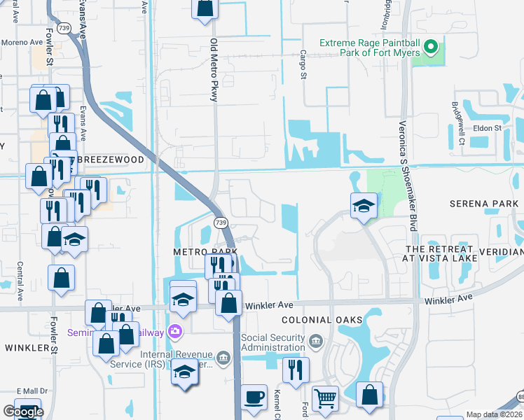 map of restaurants, bars, coffee shops, grocery stores, and more near 3605 Cedar Oak Drive in Fort Myers