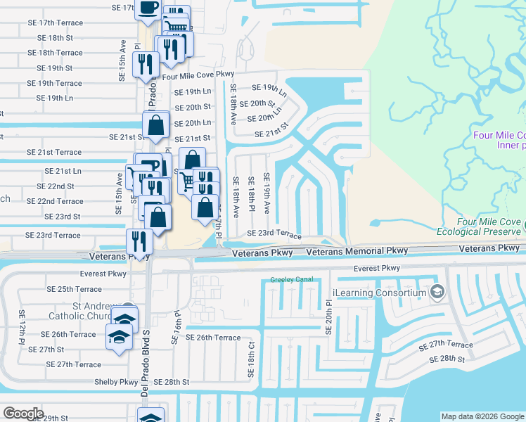 map of restaurants, bars, coffee shops, grocery stores, and more near 2227 Southeast 18th Place in Cape Coral