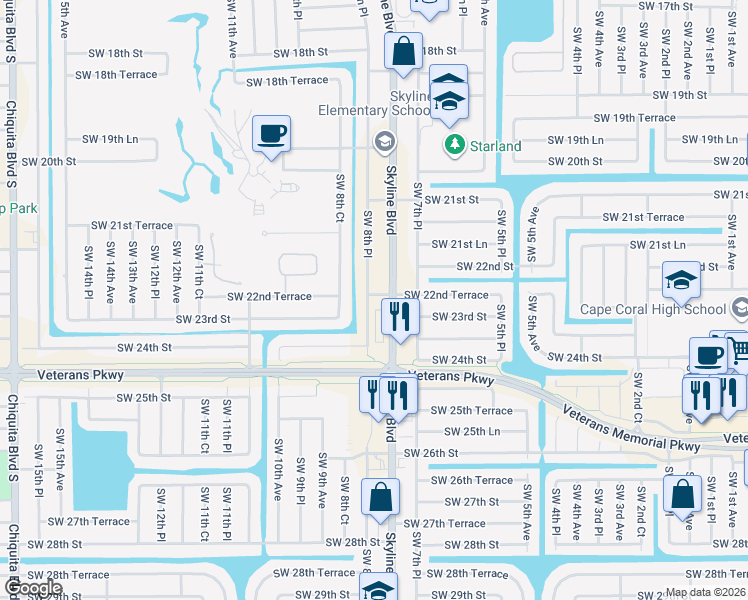 map of restaurants, bars, coffee shops, grocery stores, and more near 2227 Southwest 8th Place in Cape Coral