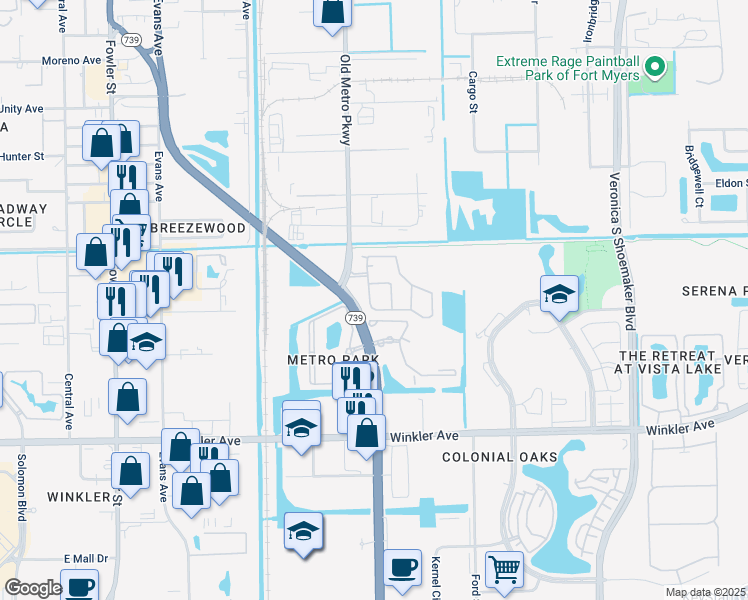 map of restaurants, bars, coffee shops, grocery stores, and more near 3613 Pine Oak Circle in Fort Myers