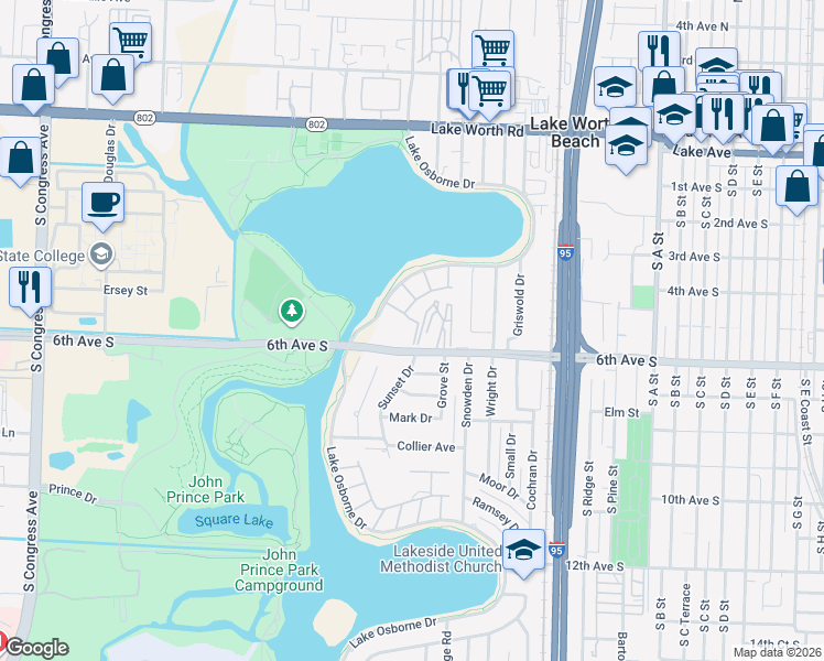 map of restaurants, bars, coffee shops, grocery stores, and more near 217 Sunset Avenue in Lake Worth