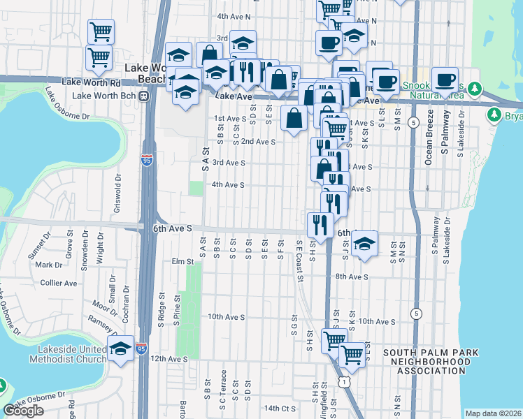 map of restaurants, bars, coffee shops, grocery stores, and more near 431 South D Street in Lake Worth