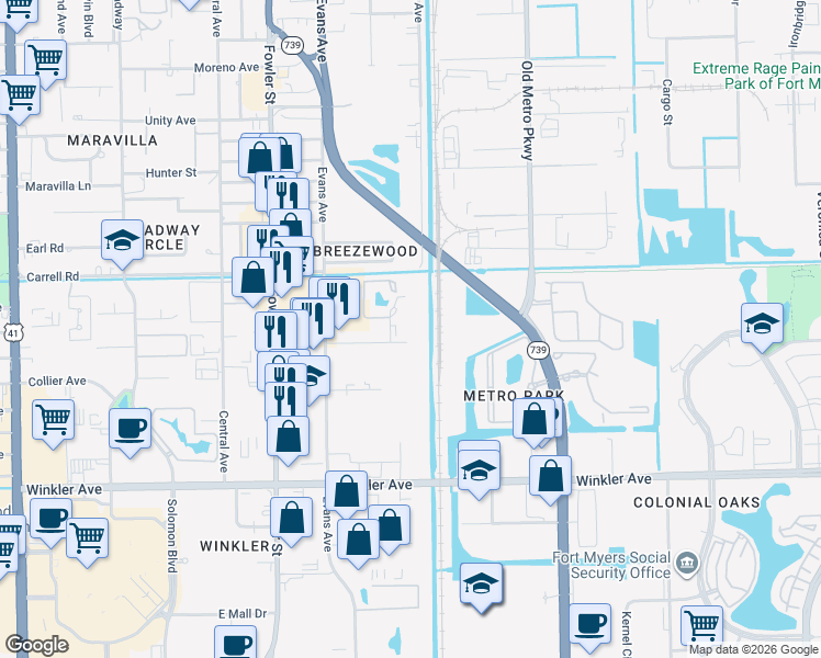 map of restaurants, bars, coffee shops, grocery stores, and more near 2751 Park Windsor Drive in Fort Myers