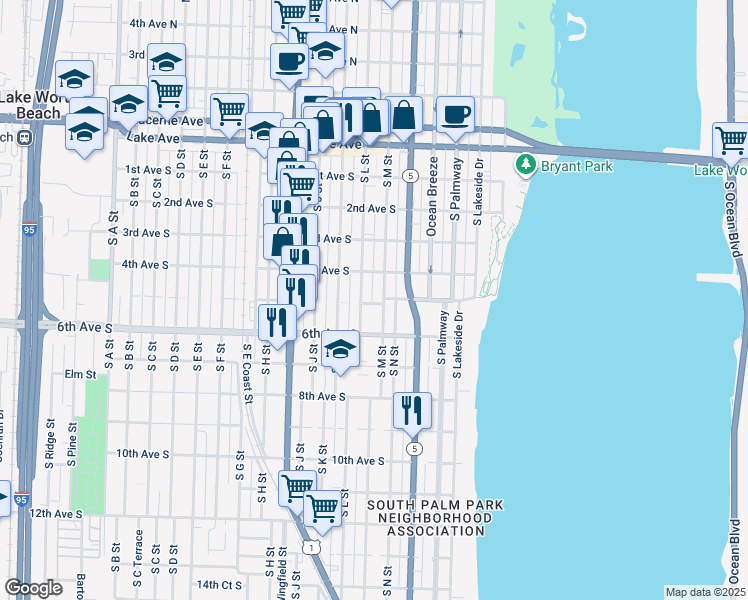 map of restaurants, bars, coffee shops, grocery stores, and more near 426 South M Street in Lake Worth