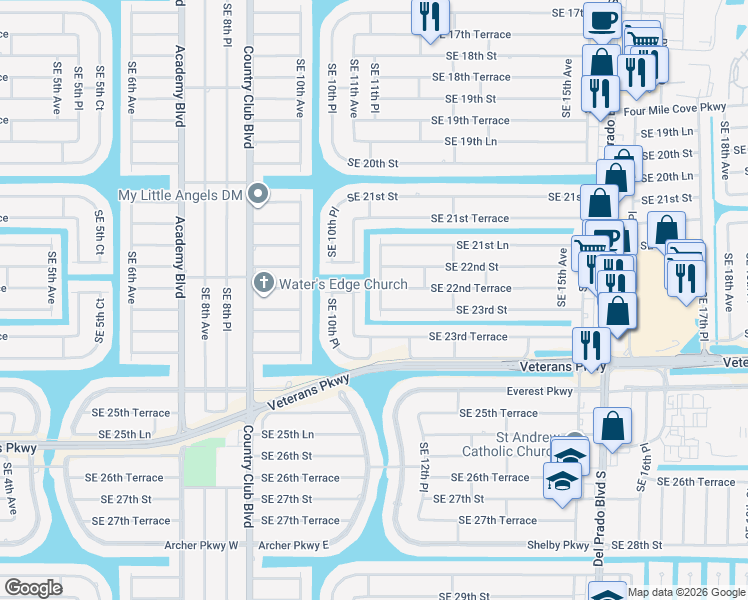 map of restaurants, bars, coffee shops, grocery stores, and more near 2224 Southeast 11th Place in Cape Coral
